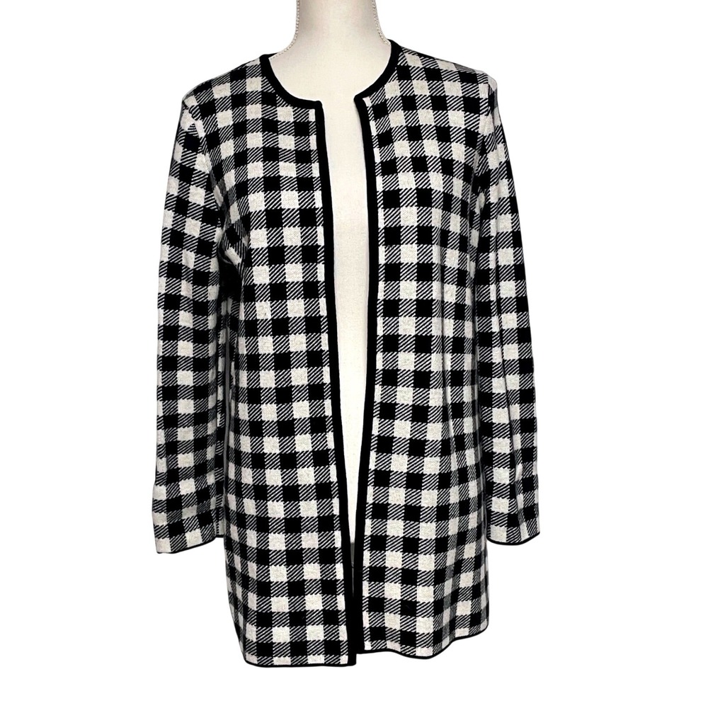 Talbots Buffalo Plaid Open Front Wool Blend Cardigan Women's Large Petite